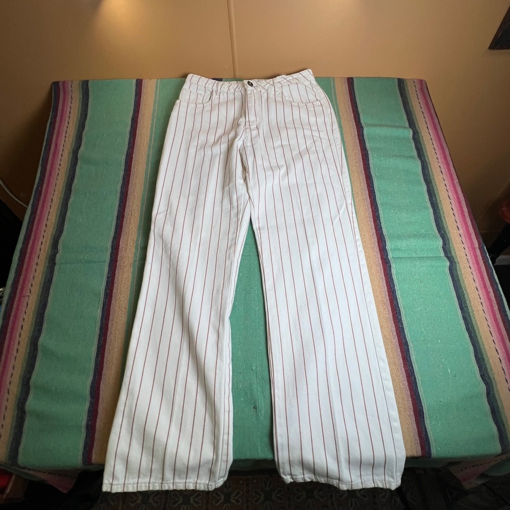 Sawary Jeans Pinstripe Pants Womens 44 White Brown Wide Leg High Rise Brazilian